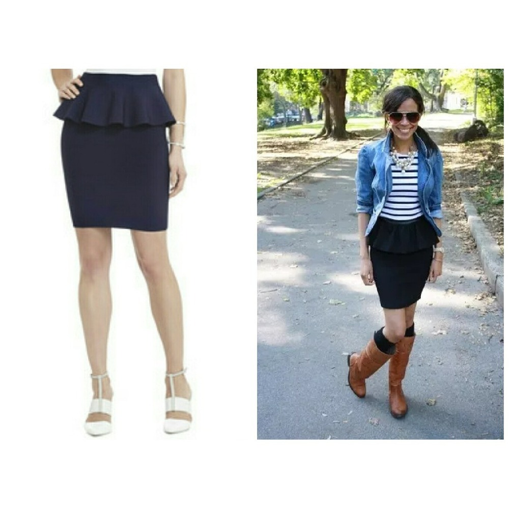 BCBG Max Azria Malisa Peplum Stretch Ribbed‎ Pencil Bodycon Skirt Navy Blue S 💙